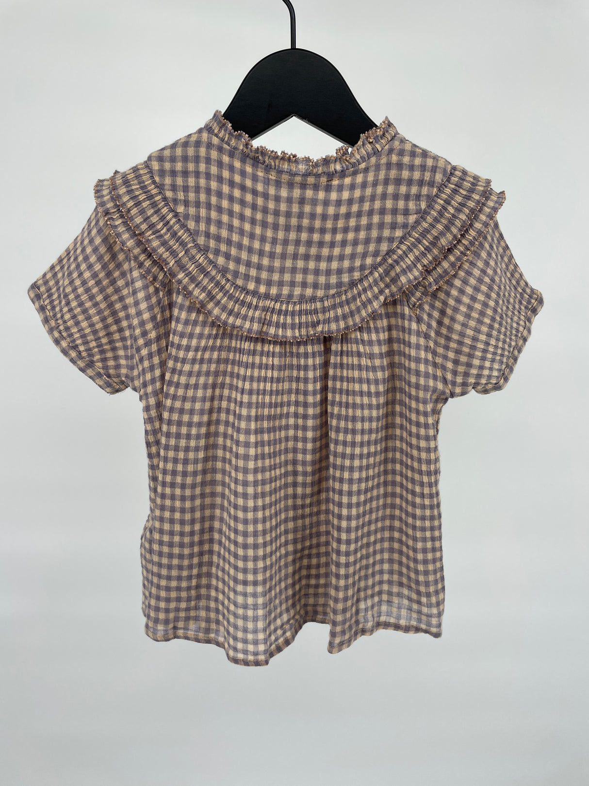 Blouse Korte Mouw Blauw Beige Geblokt Roesjes Maat 104