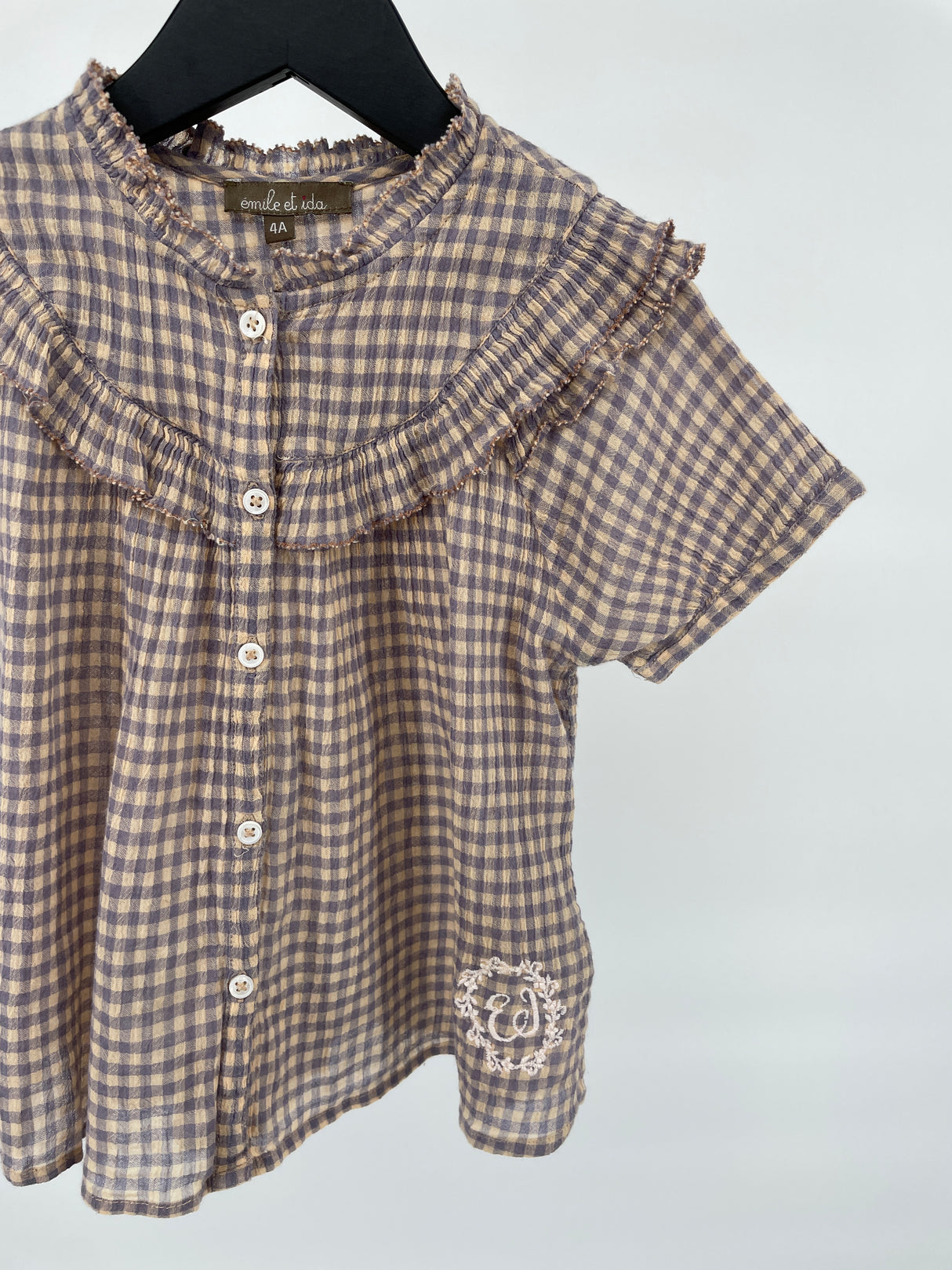 Blouse Korte Mouw Blauw Beige Geblokt Roesjes Maat 104