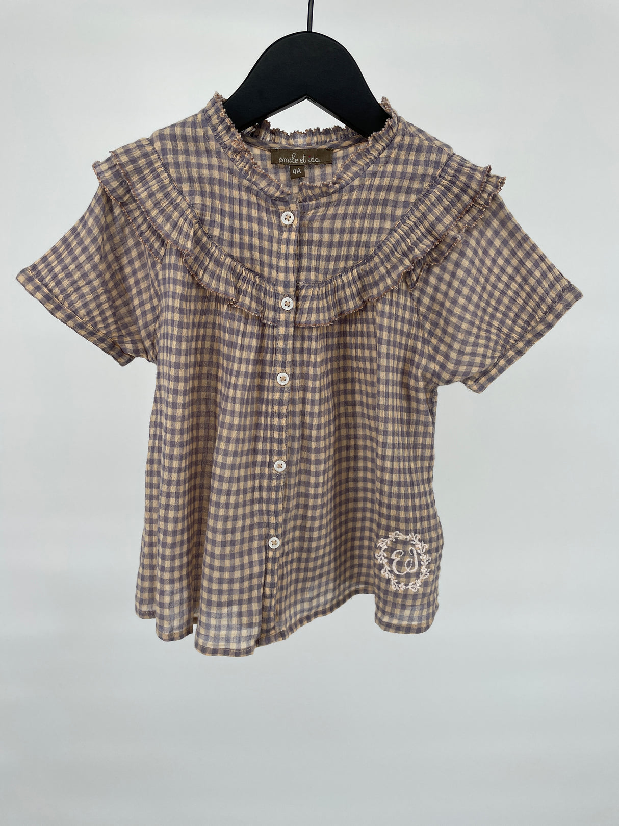 Blouse Korte Mouw Blauw Beige Geblokt Roesjes Maat 104