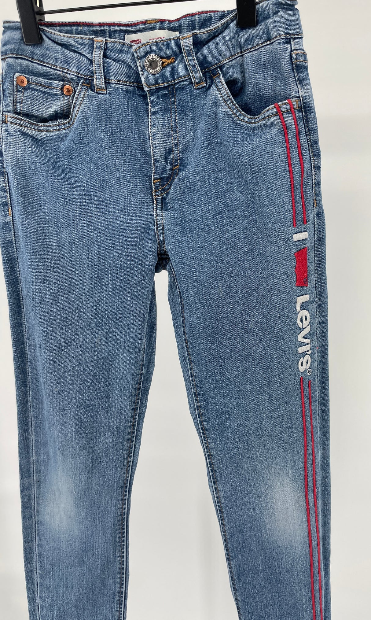 Jeans Blauw Racer Stripe Borduursel Maat 140