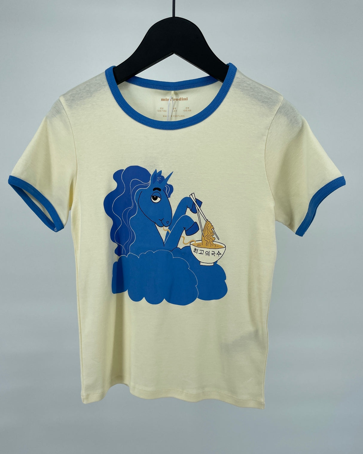 T-shirt Beige Blauw Unicorn Noodles Maat 128 / 134