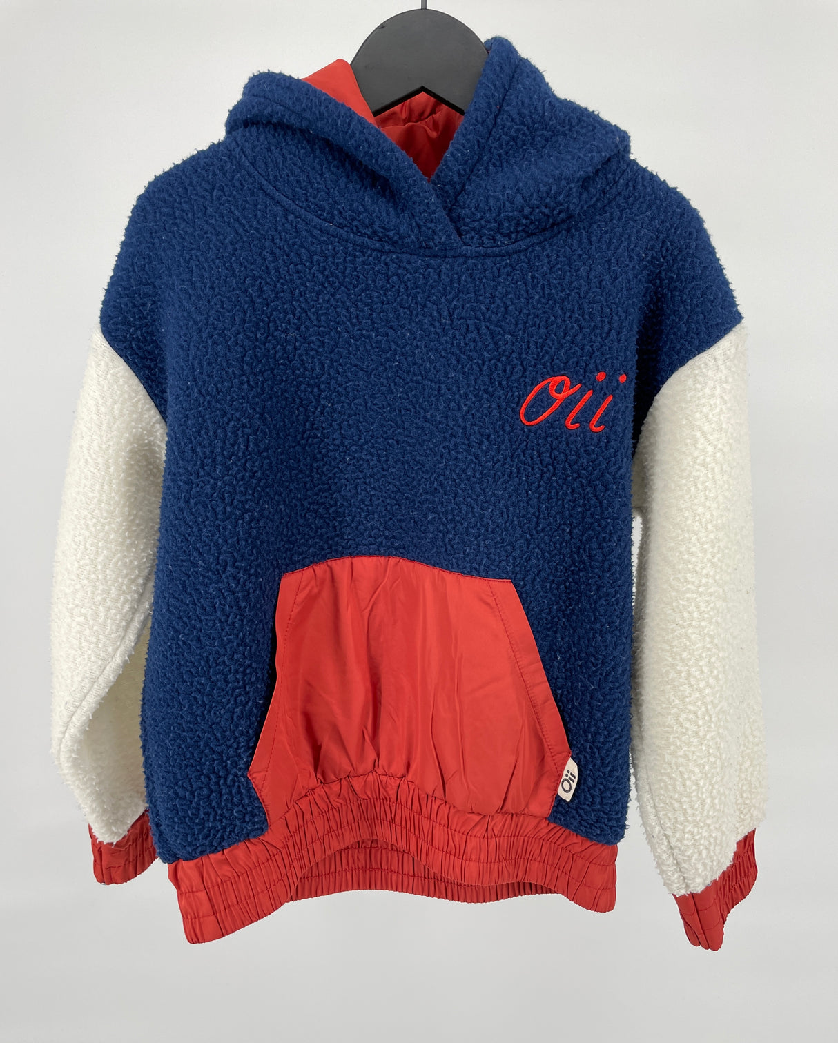 Hoodie Donkerblauw Beige Rood Fleece Maat 134 / 140
