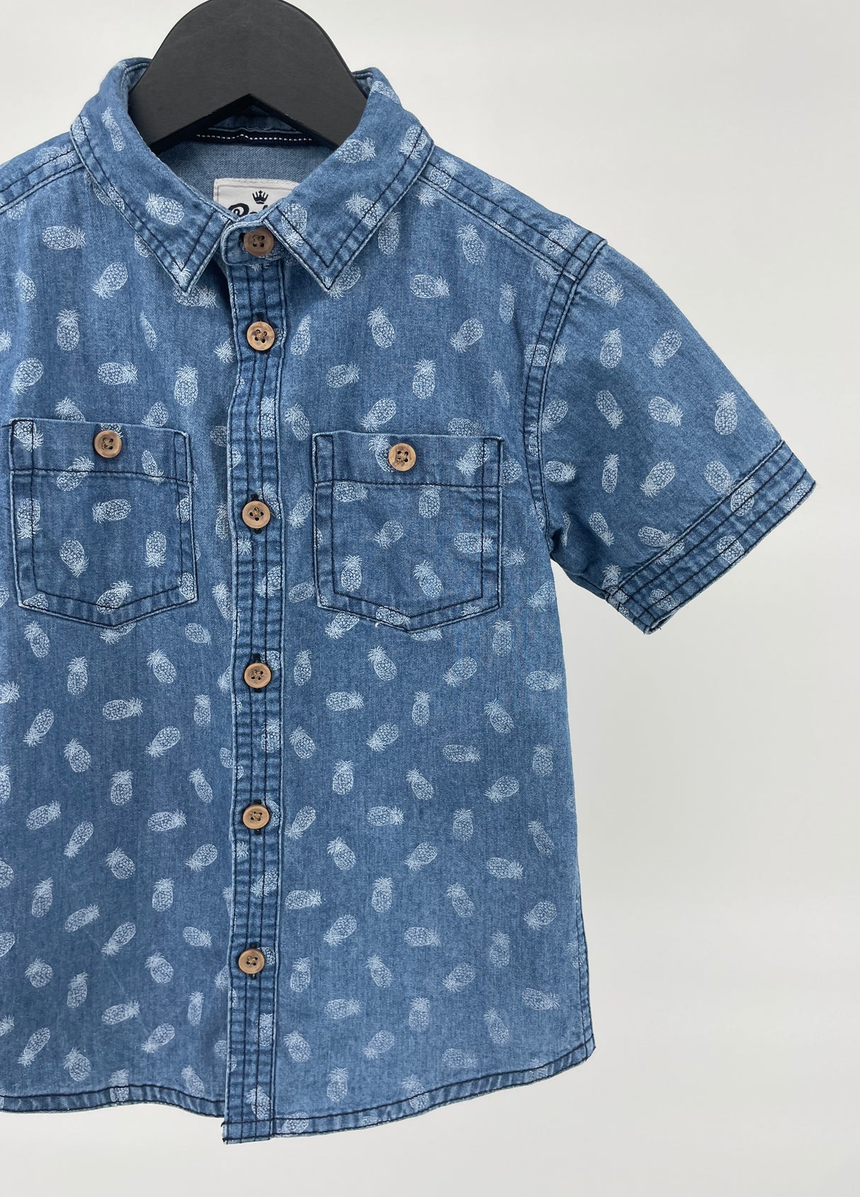 Overhemd Korte Mouw Blauw Denim Ananas Print Maat 98 / 104