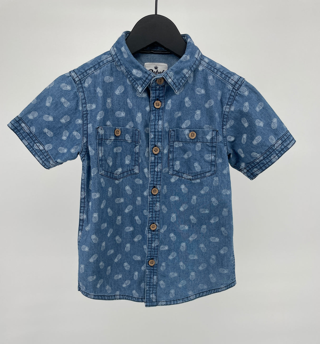 Overhemd Korte Mouw Blauw Denim Ananas Print Maat 98 / 104