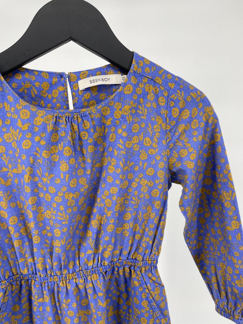 Jurk Blauw met Bruine Print Maat 98 / 104