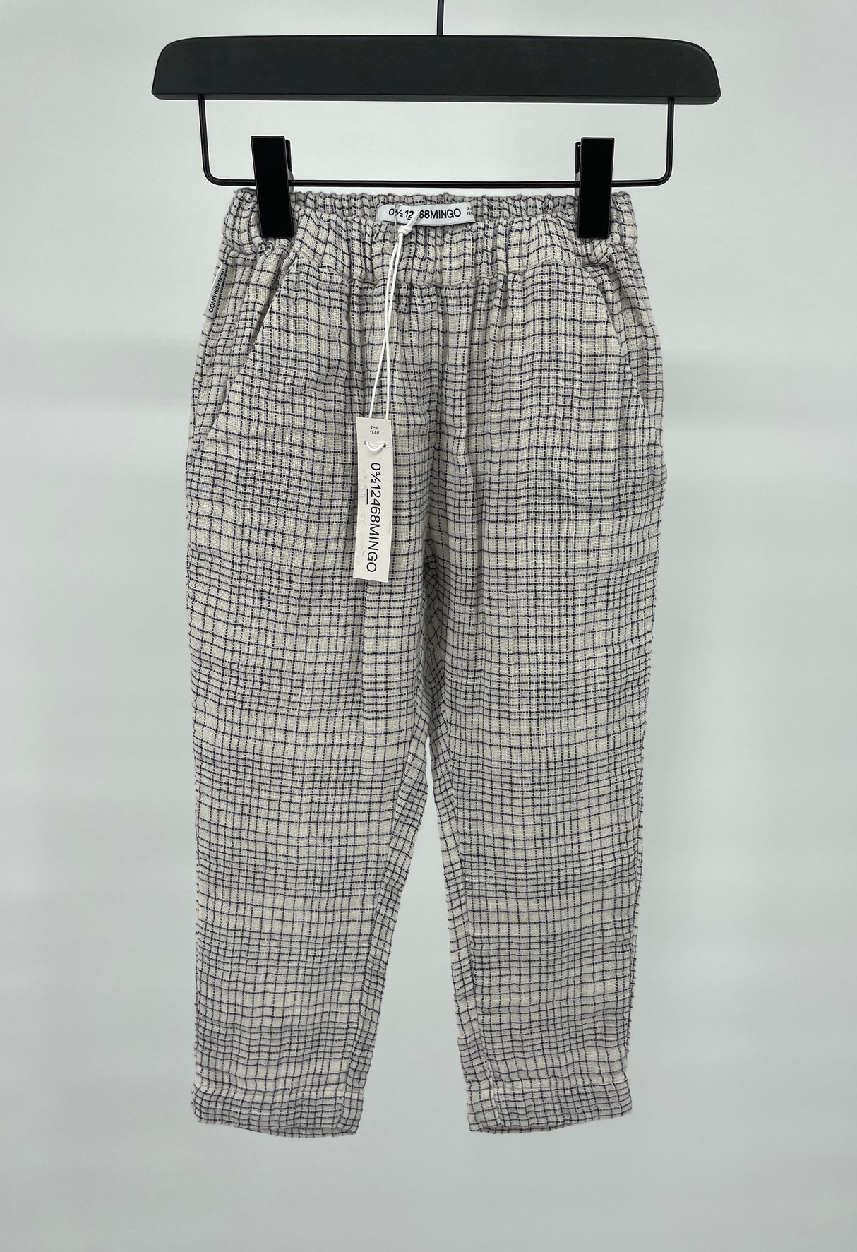 Broek Linnen Beige Blauw Blokjes Maat 98 / 104