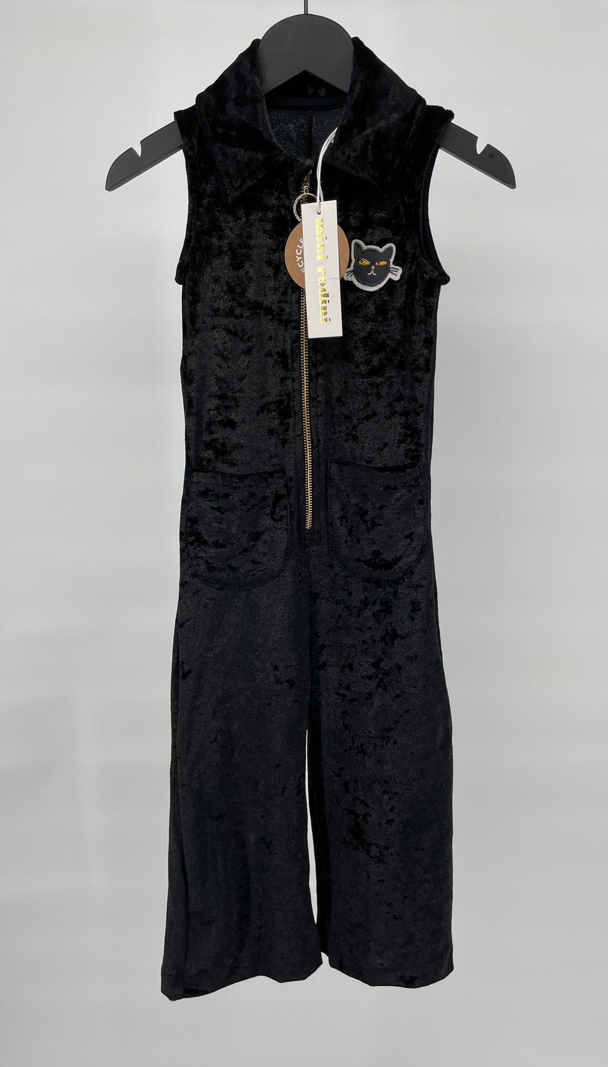 Jumpsuit Mouwloos Zwart Velours Kat Maat 104 / 110