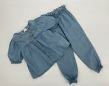 Set Lichtblauw Top Korte Mouw en Lange Broek Maat 104