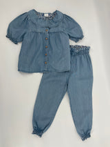 Set Lichtblauw Top Korte Mouw en Lange Broek Maat 104